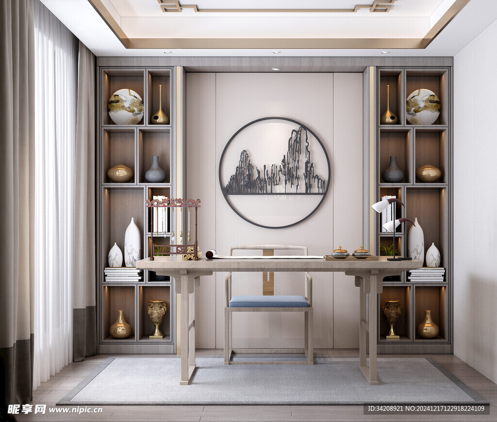 现代简约高级感新中式复古风书房