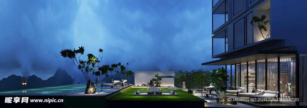 室内设计户外星空夜晚花园效果图