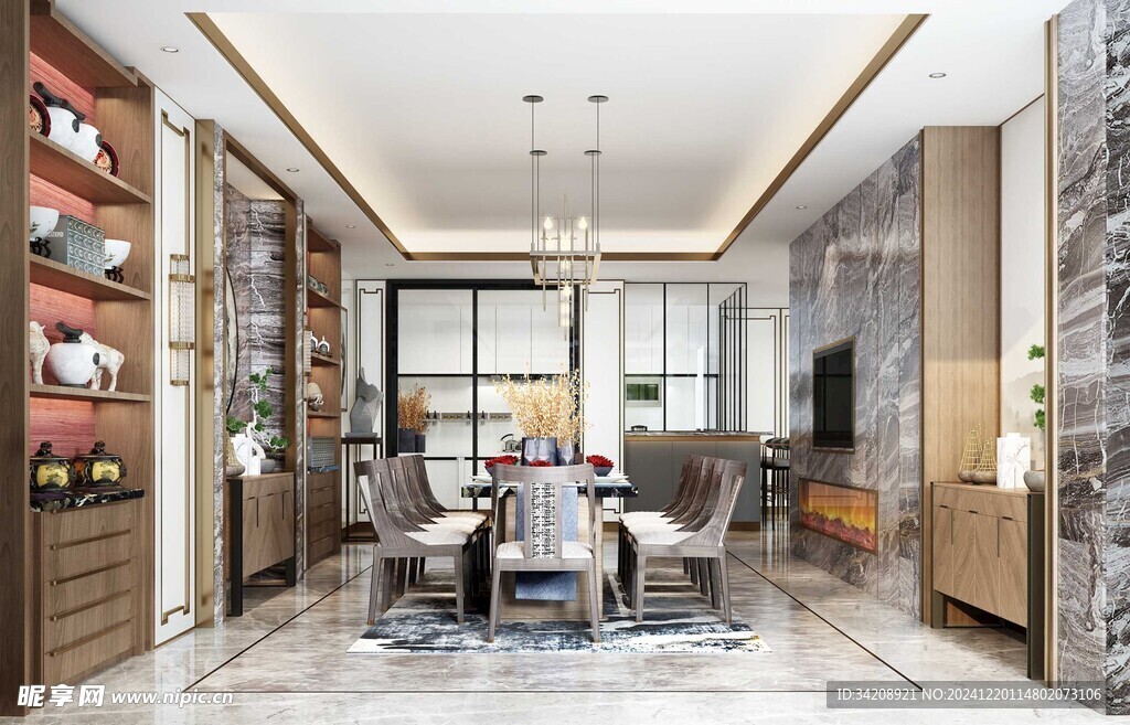 新中式家居装修复古风餐厅餐边柜