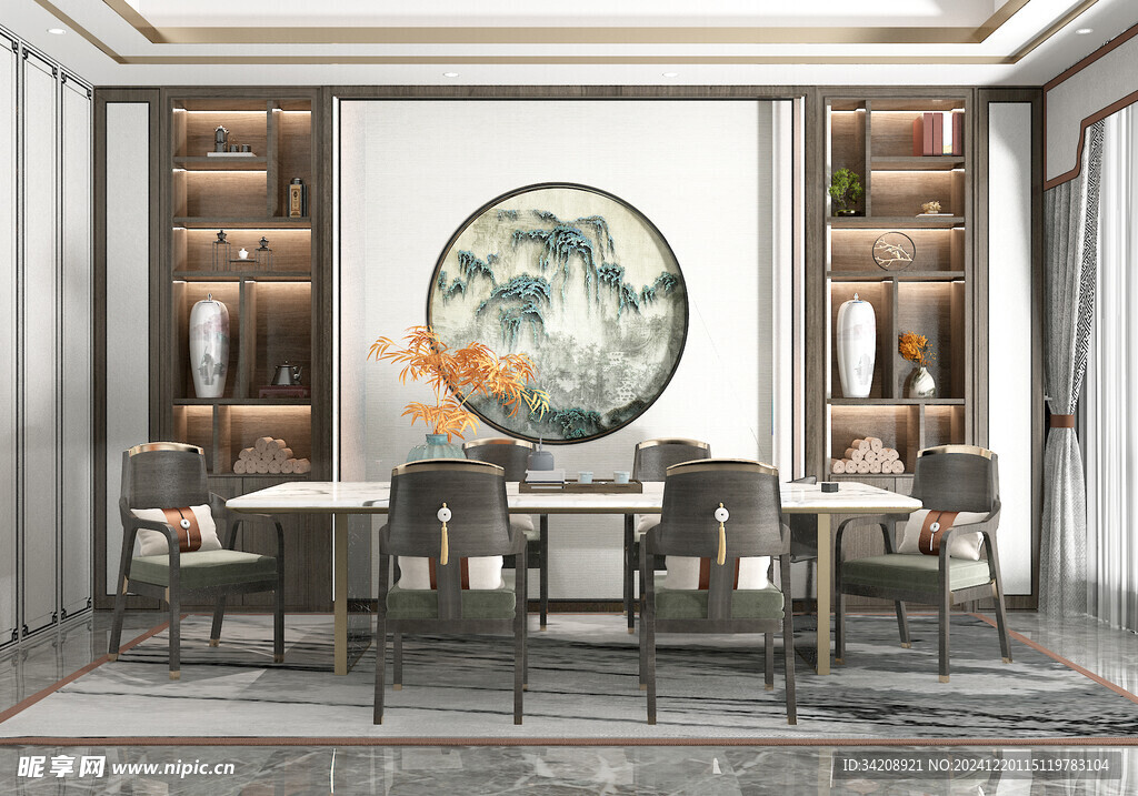 新中式家居装修复古风餐厅餐边柜