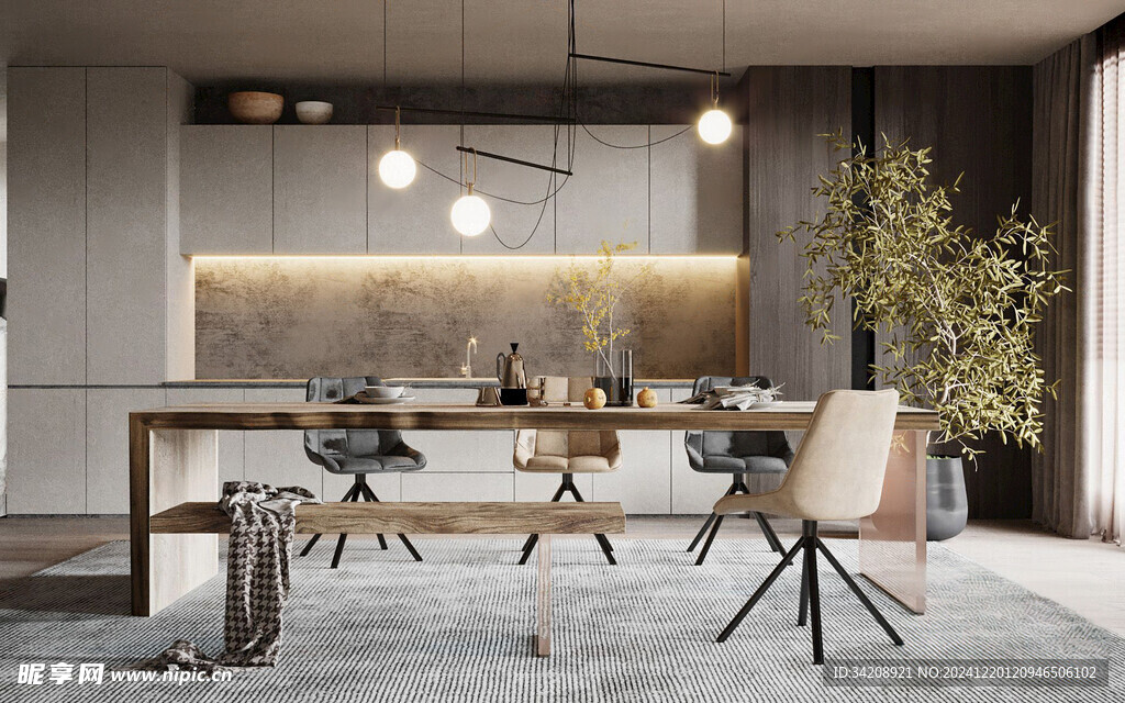 现代简约极简风格餐厅圆桌餐边柜