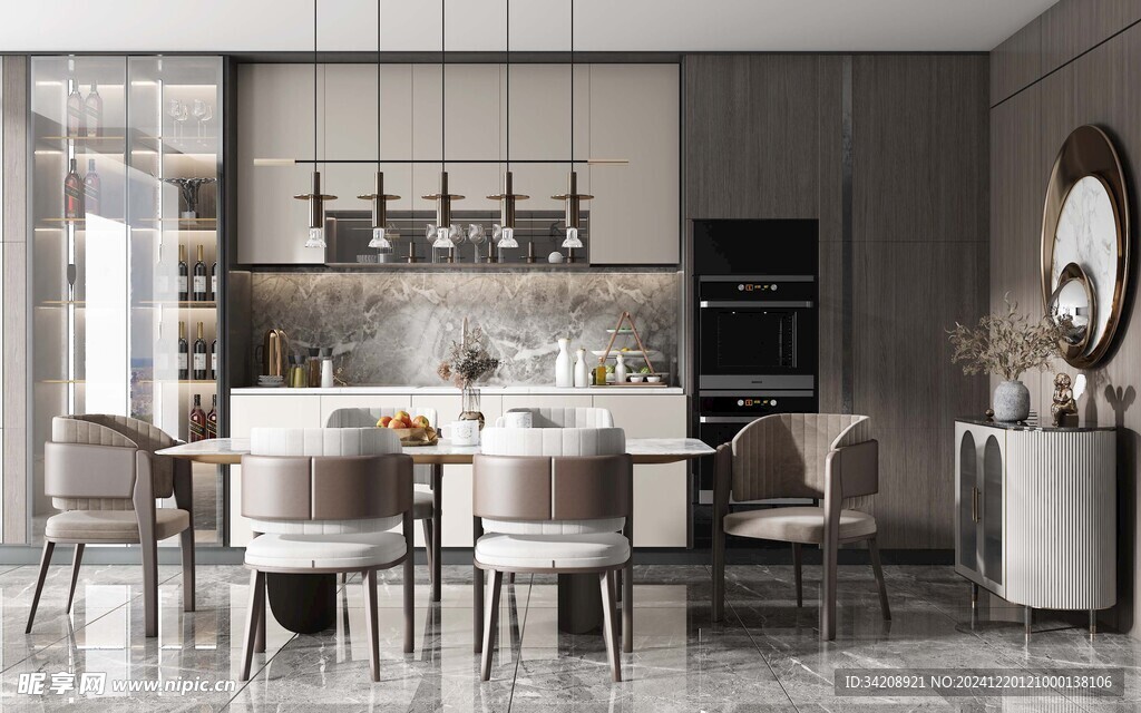 现代简约极简风格餐厅圆桌餐边柜