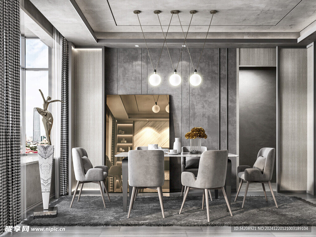 现代简约极简风格餐厅圆桌餐边柜