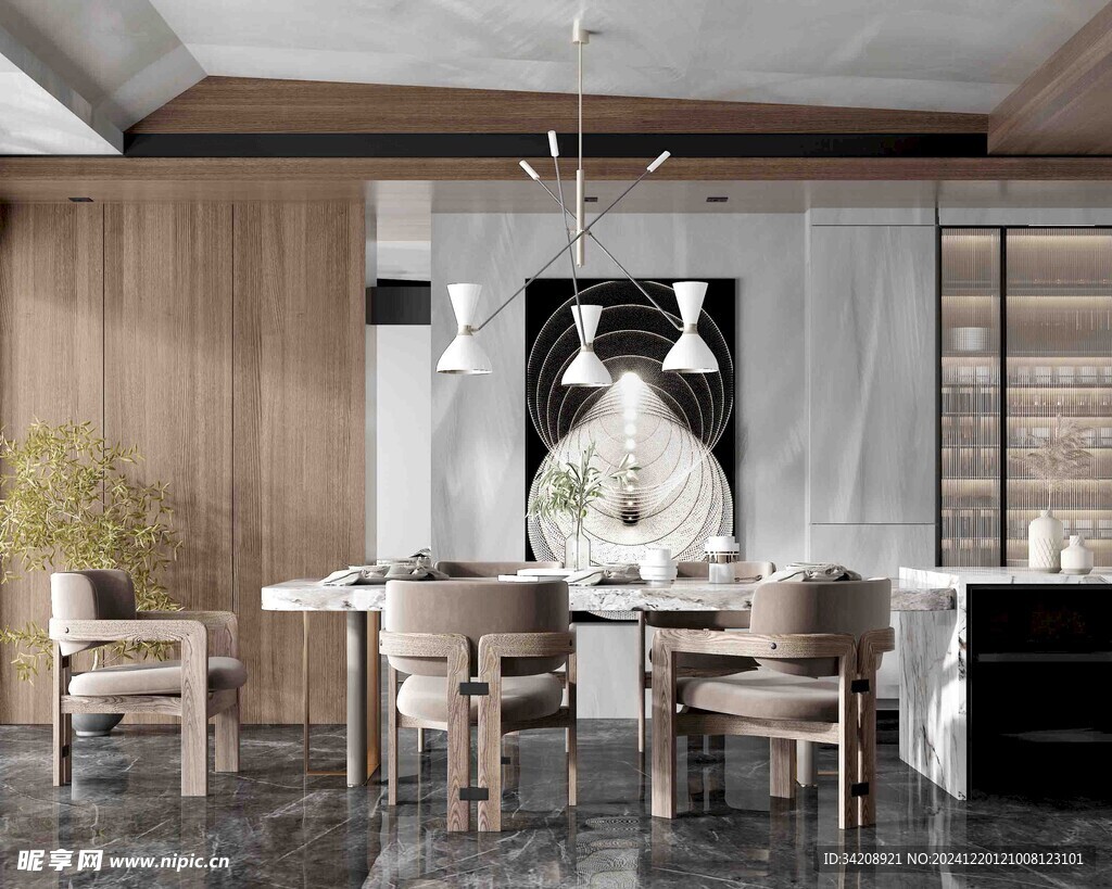 现代简约极简风格餐厅圆桌餐边柜