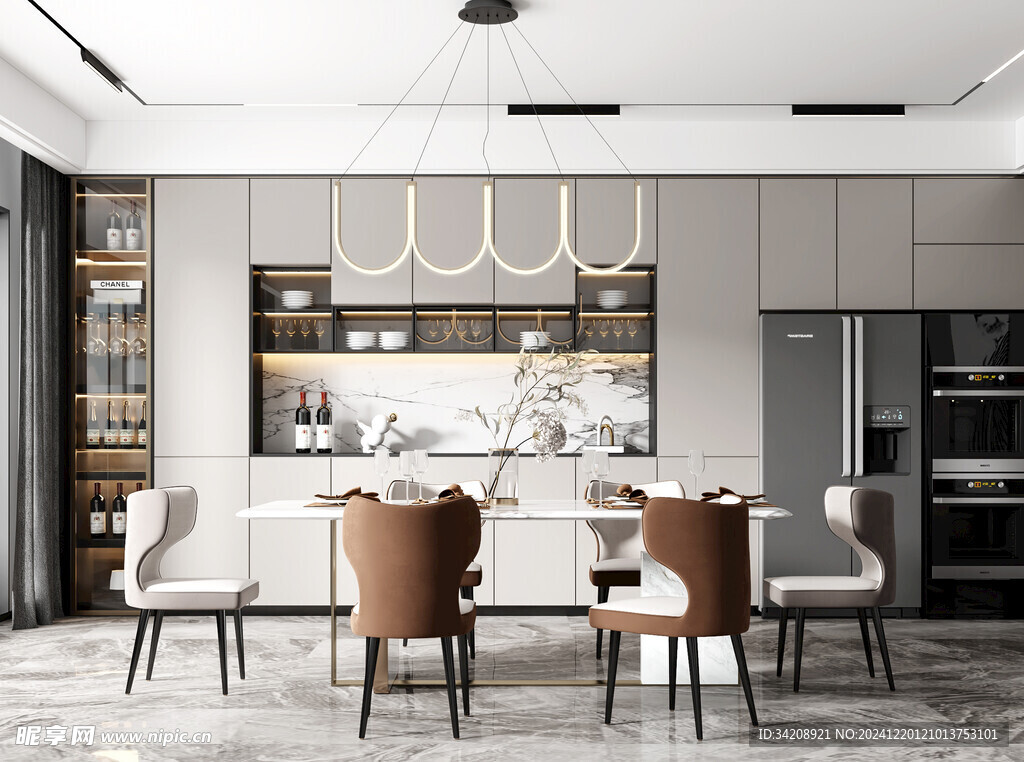 现代简约极简风格餐厅圆桌餐边柜