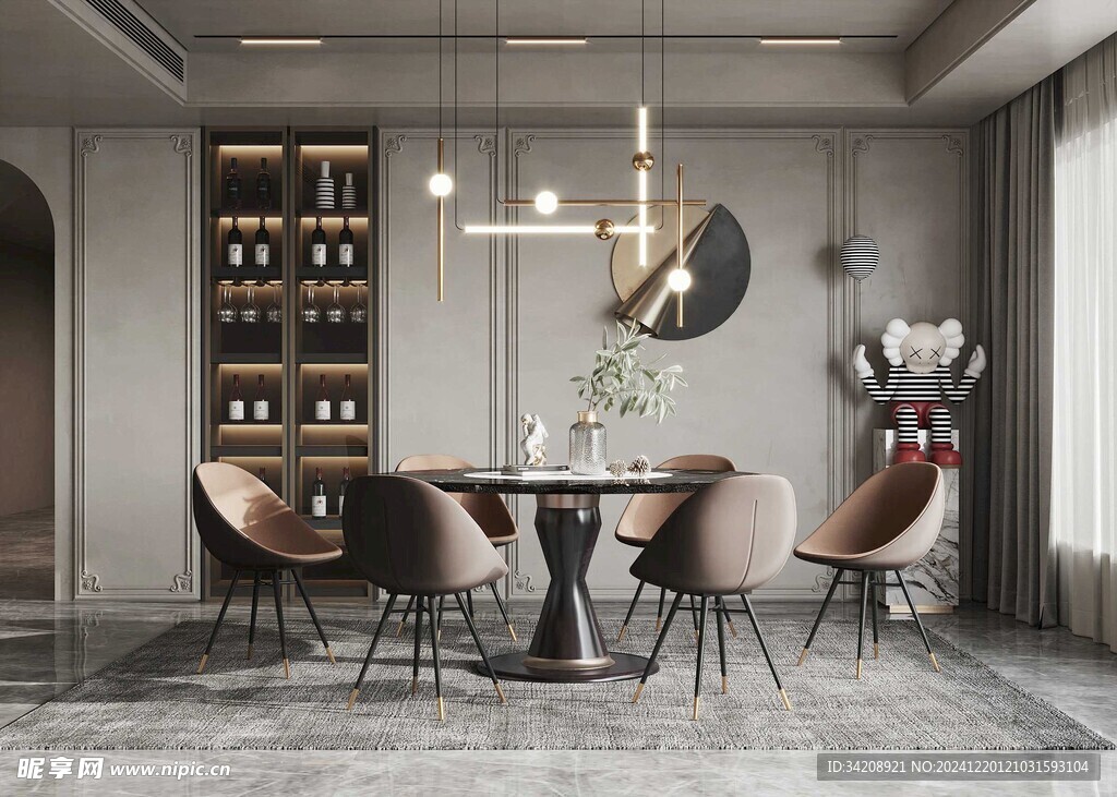 现代简约极简风格餐厅圆桌餐边柜