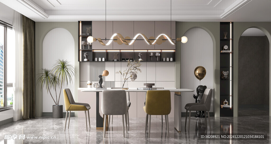 现代简约极简风格餐厅圆桌餐边柜