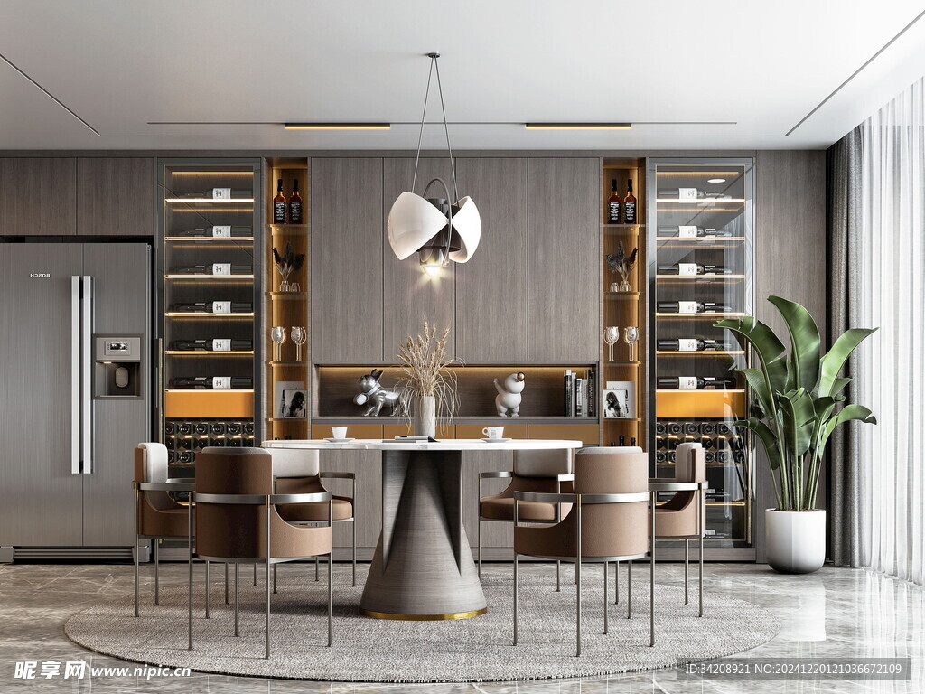 现代简约极简风格餐厅圆桌餐边柜