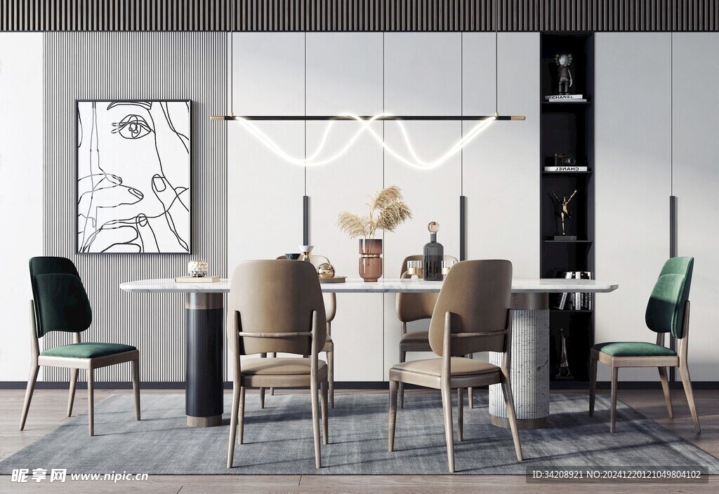 现代简约极简风格餐厅圆桌餐边柜