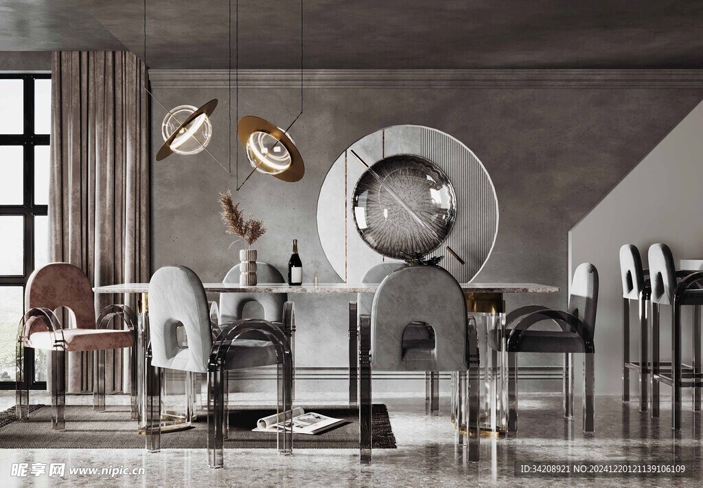 现代简约极简风格餐厅圆桌餐边柜