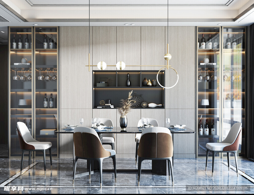 现代简约极简风格餐厅圆桌餐边柜