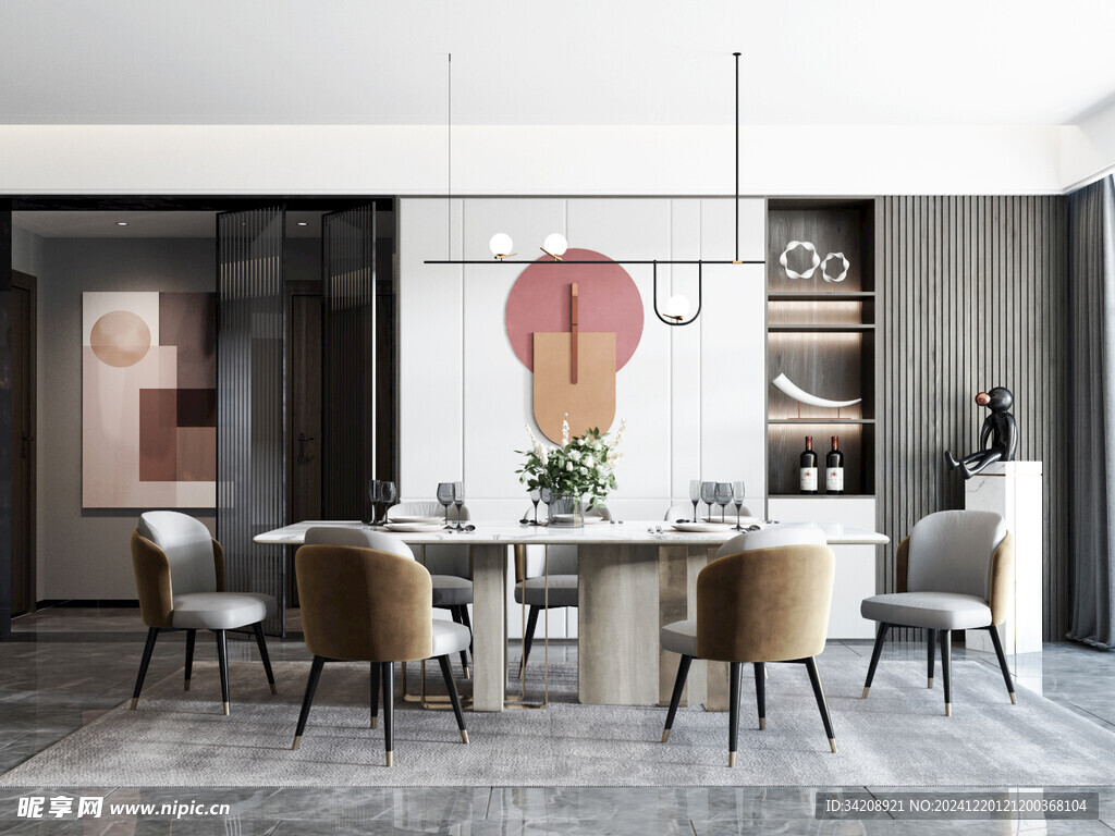 现代简约极简风格餐厅圆桌餐边柜