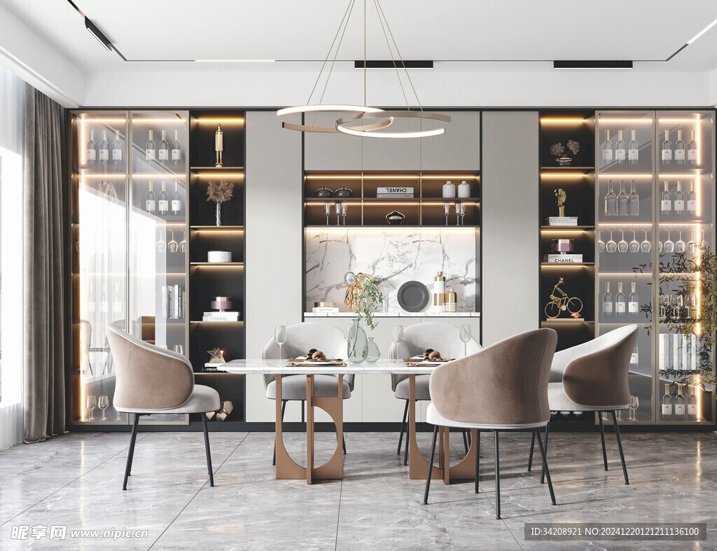 现代简约极简风格餐厅圆桌餐边柜