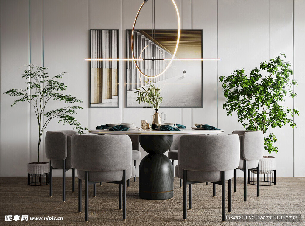 现代简约极简风格餐厅圆桌餐边柜