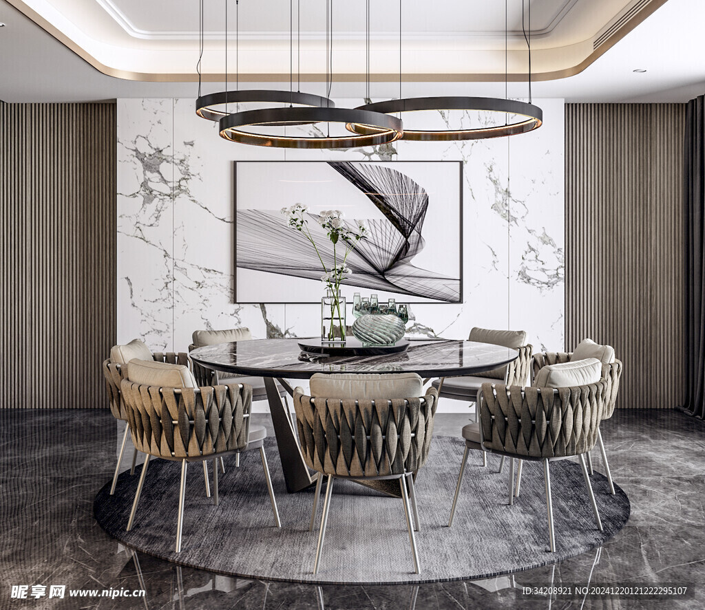 现代简约极简风格餐厅圆桌餐边柜