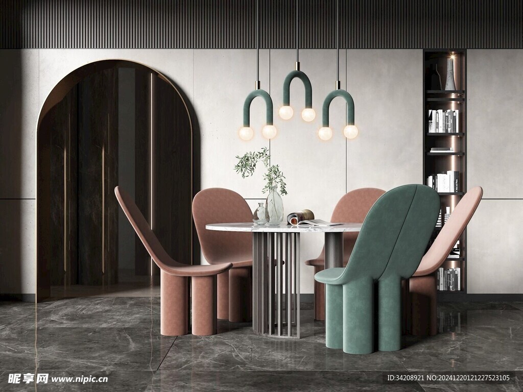 现代简约极简风格餐厅圆桌餐边柜