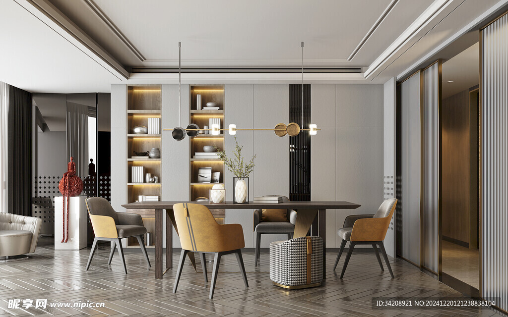 现代简约极简风格餐厅圆桌餐边柜