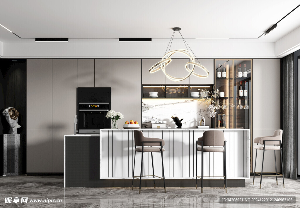 现代简约极简风格餐厅圆桌餐边柜