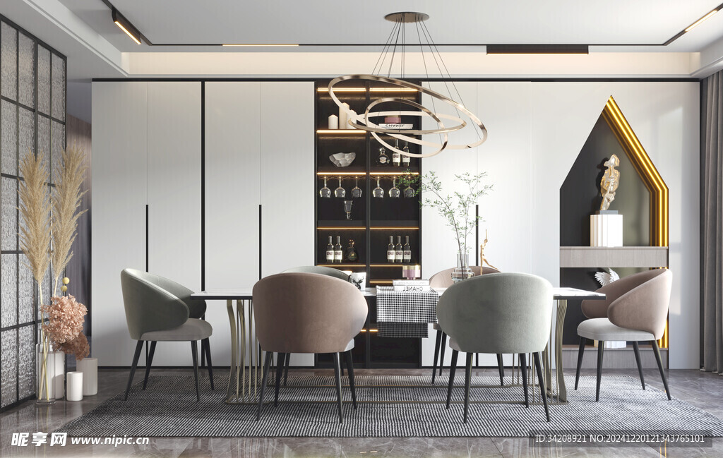 现代简约极简风格餐厅圆桌餐边柜