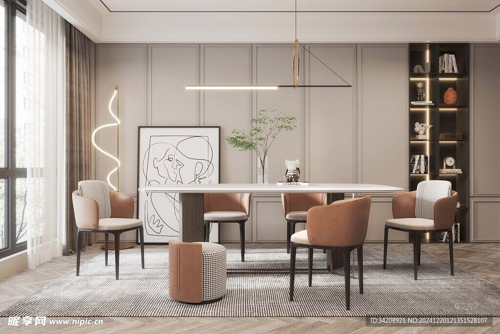 现代简约极简风格餐厅圆桌餐边柜