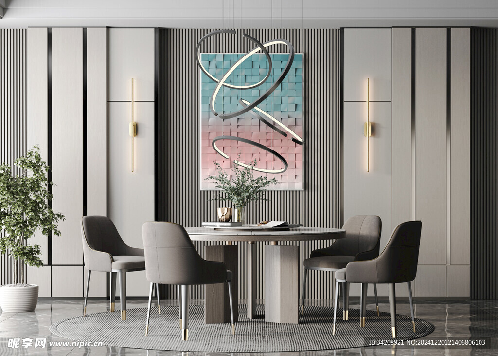 现代简约极简风格餐厅圆桌餐边柜