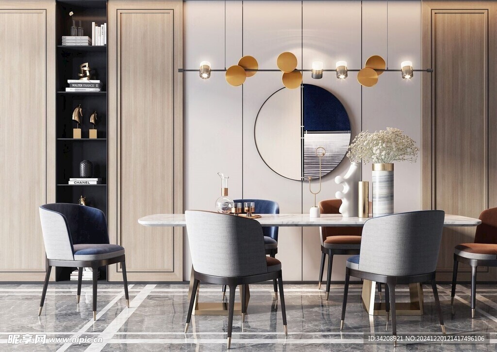 现代简约极简风格餐厅圆桌餐边柜