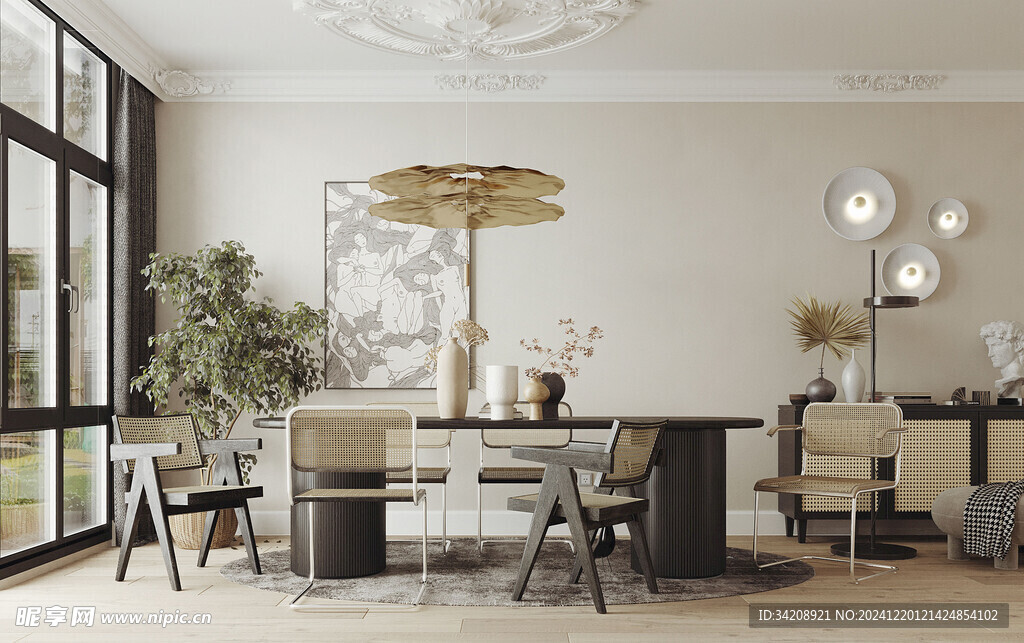 现代简约极简风格餐厅圆桌餐边柜