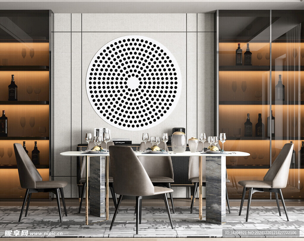 现代简约极简风格餐厅圆桌餐边柜