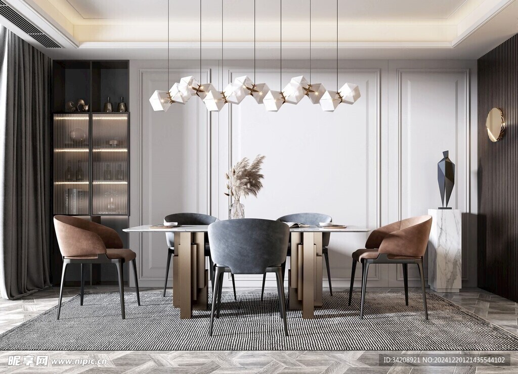 现代简约极简风格餐厅圆桌餐边柜