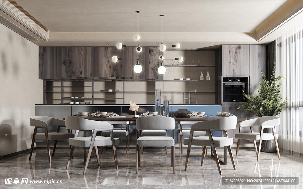 现代简约极简风格餐厅圆桌餐边柜