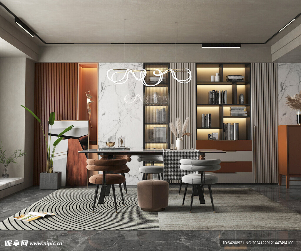 现代简约极简风格餐厅圆桌餐边柜