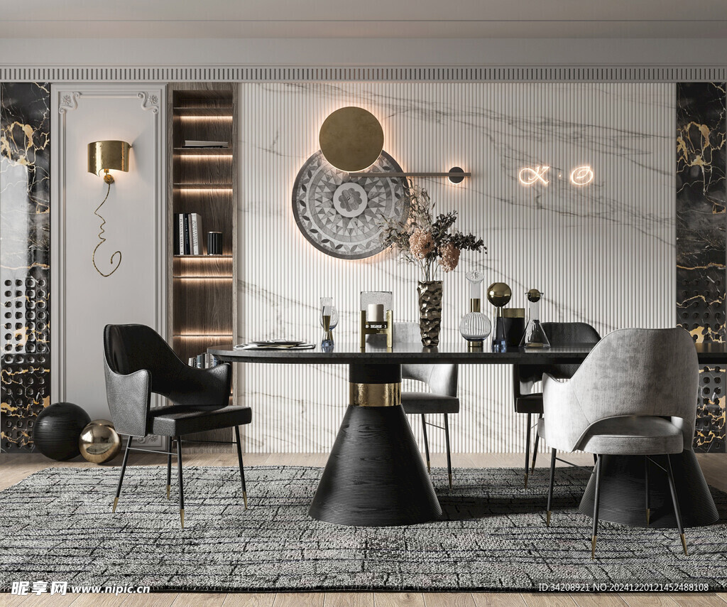 现代简约极简风格餐厅圆桌餐边柜