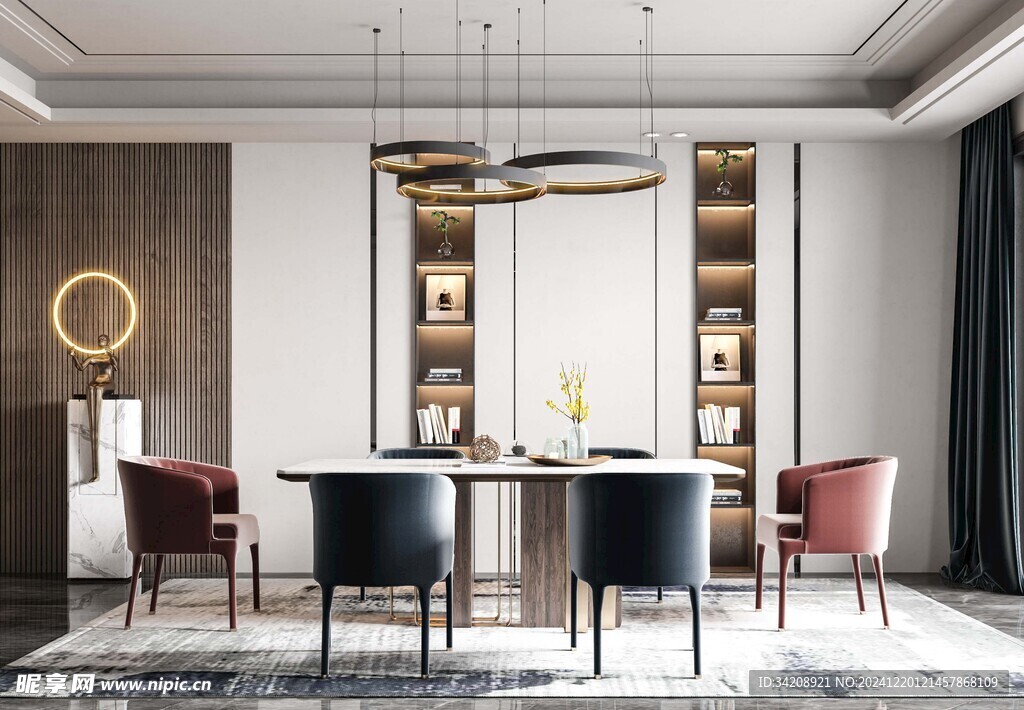 现代简约极简风格餐厅圆桌餐边柜