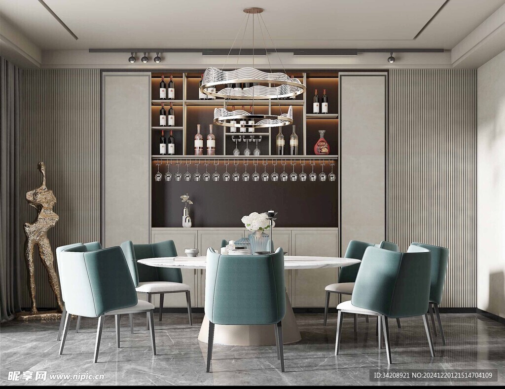 现代简约极简风格餐厅圆桌餐边柜