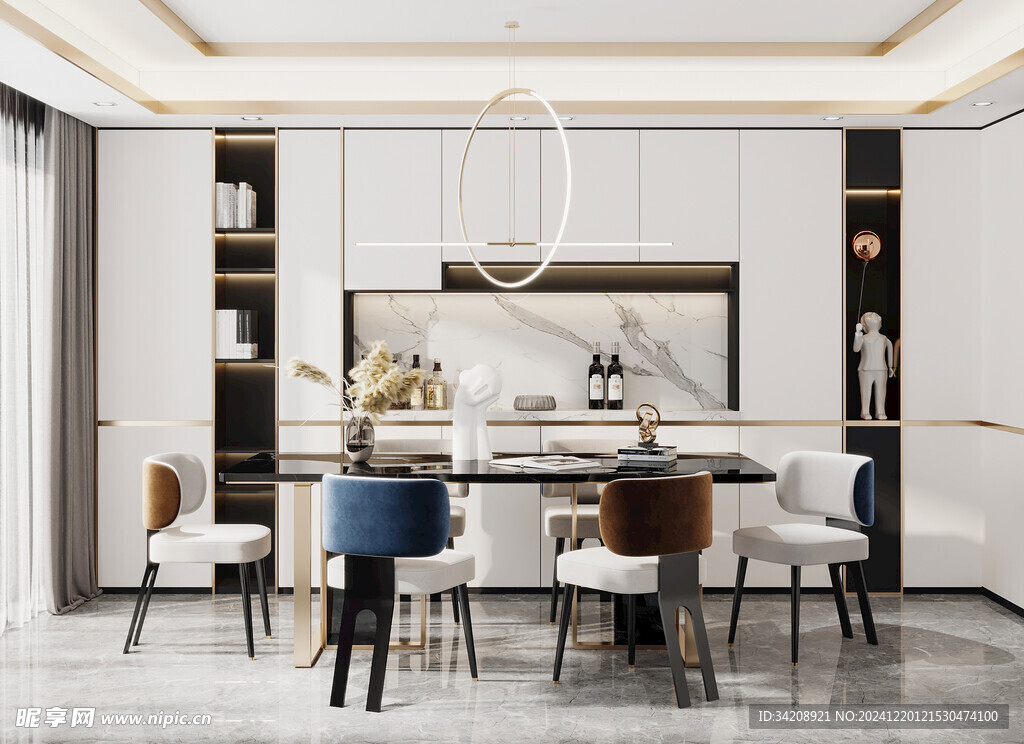 现代简约极简风格餐厅圆桌餐边柜