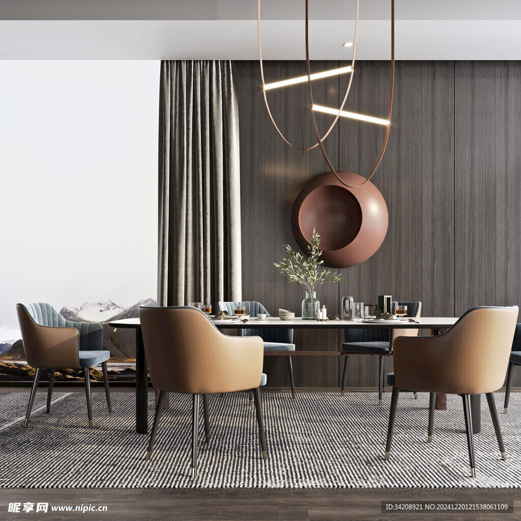 现代简约极简风格餐厅圆桌餐边柜