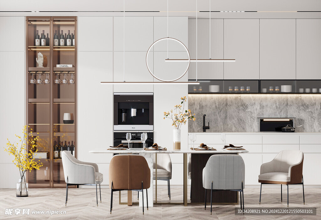 现代简约极简风格餐厅圆桌餐边柜