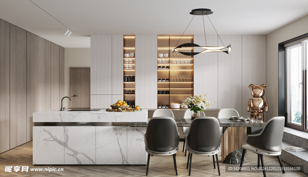 现代简约极简风格餐厅圆桌餐边柜