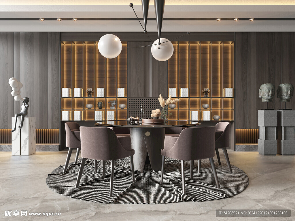 现代简约极简风格餐厅圆桌餐边柜