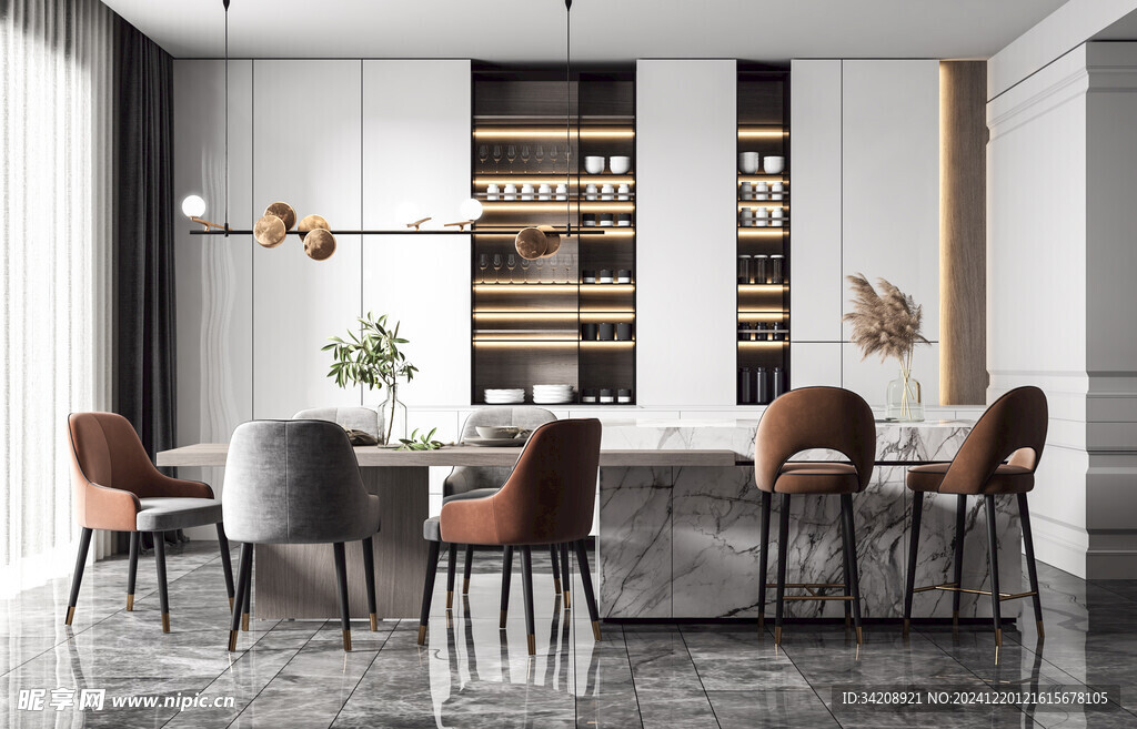 现代简约极简风格餐厅圆桌餐边柜