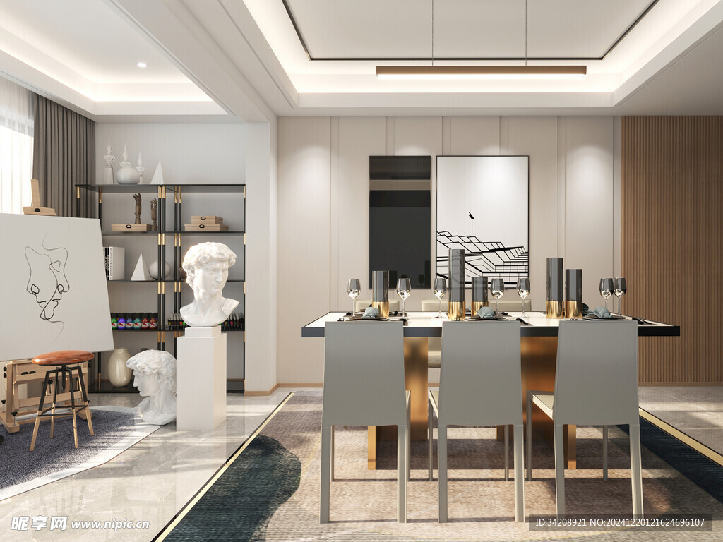 现代简约极简风格餐厅圆桌餐边柜