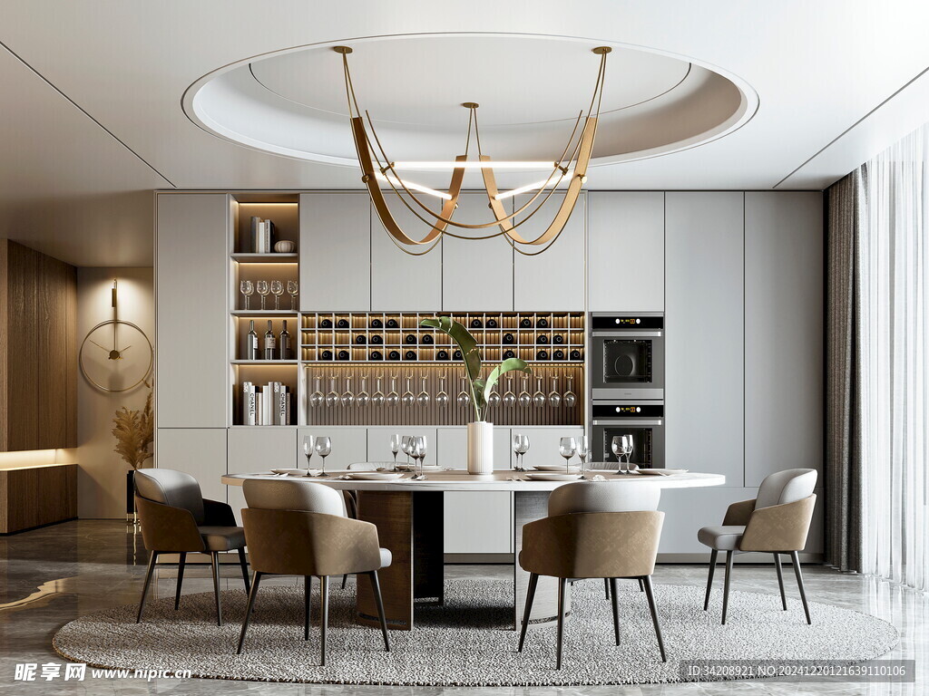 现代简约极简风格餐厅圆桌餐边柜