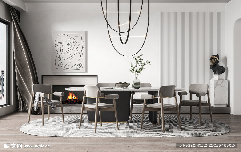 现代简约极简风格餐厅圆桌餐边柜