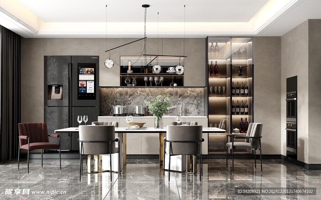 现代简约极简风格餐厅圆桌餐边柜