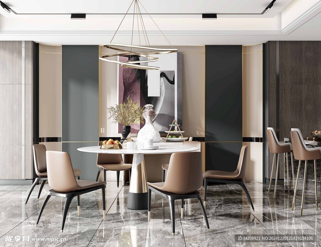 现代简约极简风格餐厅圆桌餐边柜