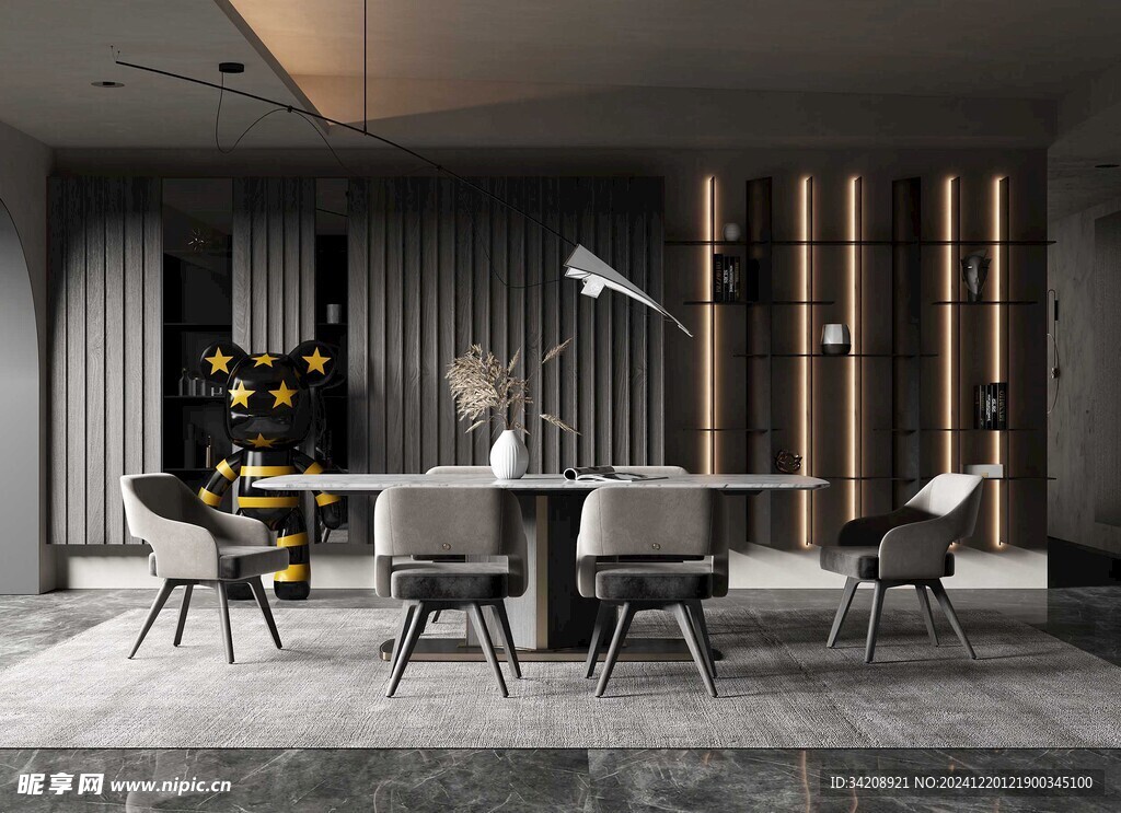 现代简约极简风格餐厅圆桌餐边柜