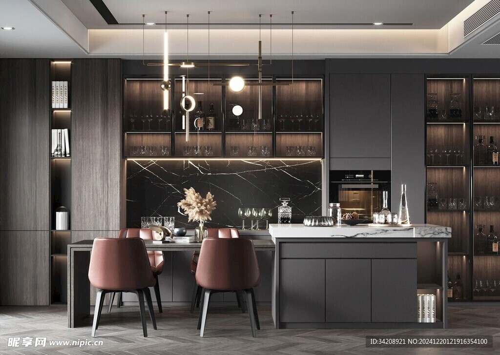 现代简约极简风格餐厅圆桌餐边柜