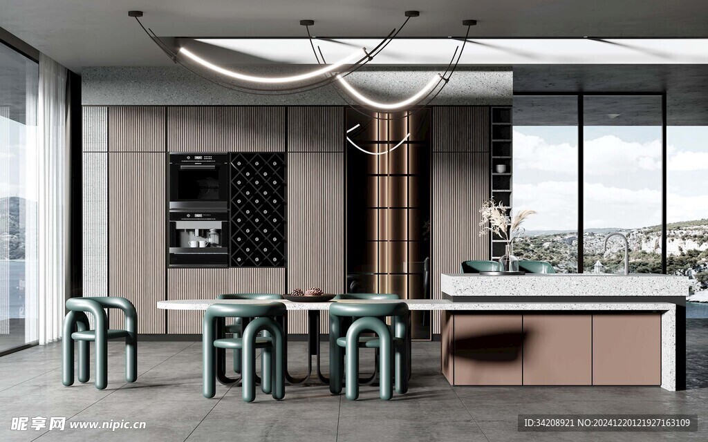 现代简约极简风格餐厅圆桌餐边柜