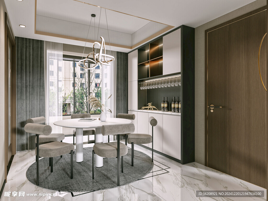 现代简约极简风格餐厅圆桌餐边柜