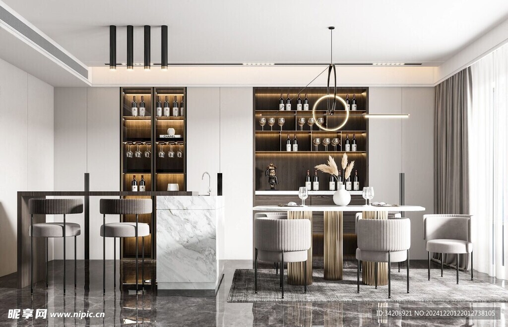 现代简约极简风格餐厅圆桌餐边柜